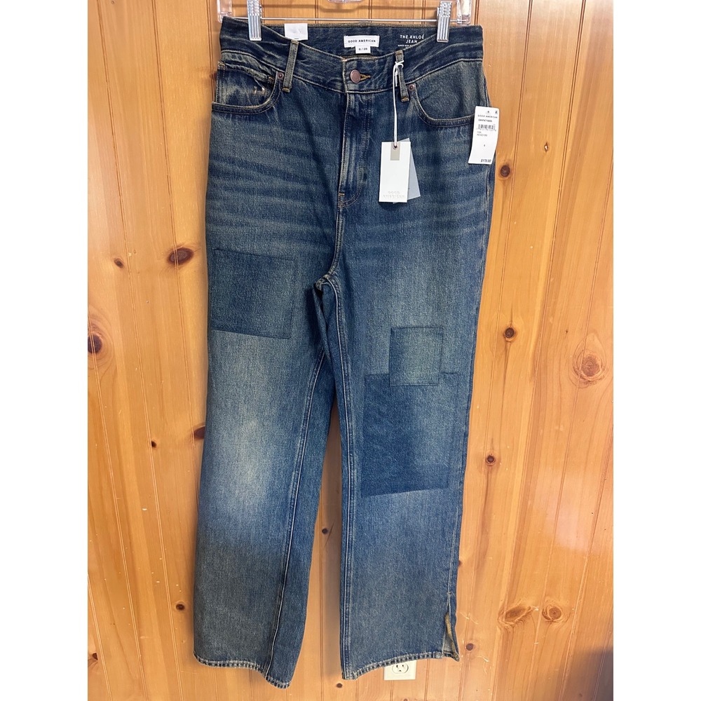 Good American The Khloe Jean Super High Rise Straight Patchwork Indigo 6/28 NEW